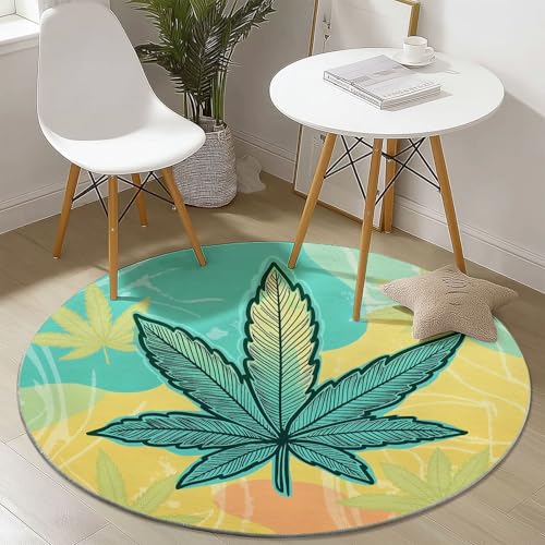 Gelbgrün Runder Teppich 60 cm Round Eingangsbereich Teppich Cartoon Marihuanablatt, Kleiner Kreis Bereich Küche Läufer rutschfest Waschbar Läufer von Generisch