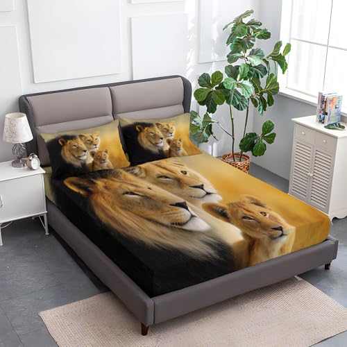 Gelbschwarz Spannbettlaken Weiche Atmungsaktivem 200 x 200 cm, Tiefe Tasche Matratzenschoner rutschfeste Atmungsaktive Wiese Tier Löwe Junges Spannbettlaken für Kinder Erwachsene von Generisch