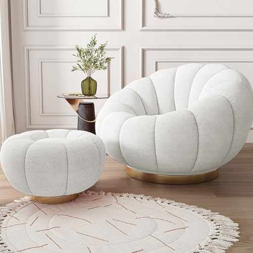 Gemütlicher 360° drehbarer Akzentstuhl mit Ottomane – stilvolles, rundes Club-Sofa für Schlafzimmer und Leseraum – modernes weißes Design mit Pedalen – bequemes Freizeit-Sitzen von Generisch
