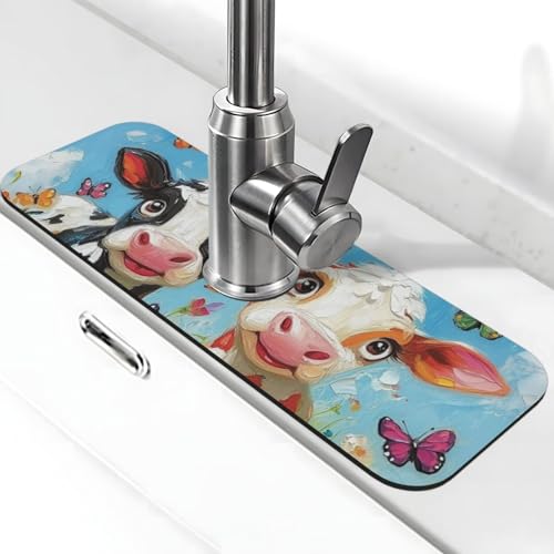 Generic Spritzschutz für Küchenspüle, Motiv: Kuh, Schmetterling, Blumendruck, Spritzschutz hinter dem Wasserhahn, Tropffänger für Küche und Badezimmer von Generisch