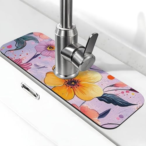 Generic Spritzschutz für Küchenspüle mit Blumendruck, Wasserhahnmatte, Spülbecken-Gadgets, Spritzschutz hinter dem Wasserhahn, Tropffänger für Küche und Badezimmer von Generisch