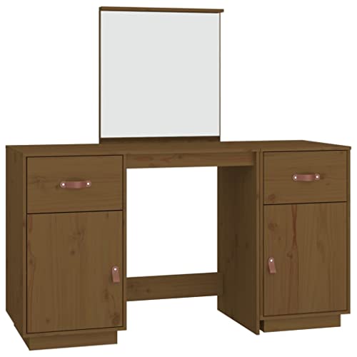 Generico Kangqiling Schminktisch Set mit Spiegel Braun Bernstein Massivholz Kiefer, Braun, 3107837 von Generisch