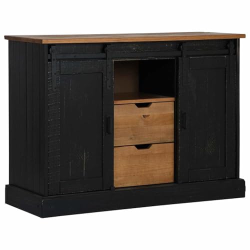 Generico Kangqiling Sideboard HALDEN 2 Schiebetüren 112 x 40 x 80 cm Massivholz, Schwarz, 4018432 von Generisch