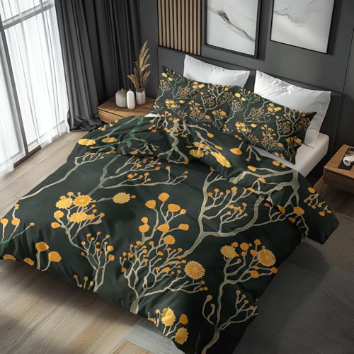 Generisch 135x200 Bettwäsche Blume Bettbezug - 2tlg, 1 Kissenbezug 80x80, Gelb Blumen Muster, Schlafzimmer Deko, Weiche Mikrofaser Wendebettwäsche mit Reißverschluss - BYC328 von Generisch