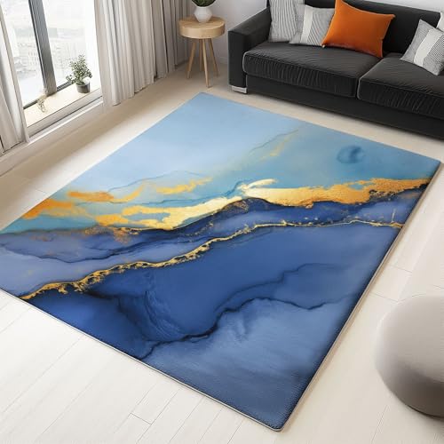 Generisch 140 x 200 cm Teppich Wohnzimmer Waschbarer, Modern Marmor Textur Kurzflor-Teppich – Weich Rutschfestes Design für Schlafzimmer Esszimmer Küchen, Hellblau von Generisch