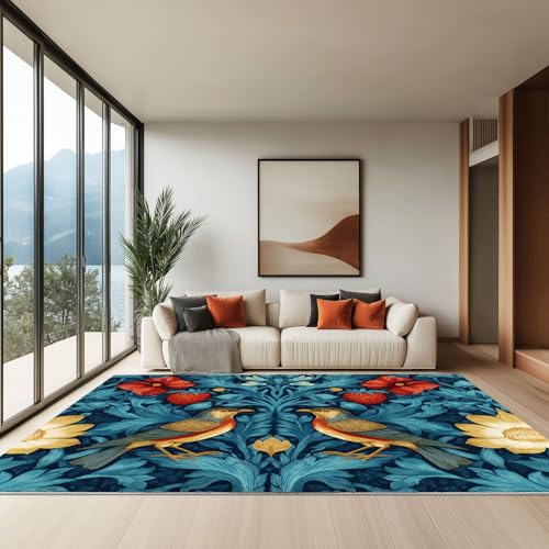 Generisch Blaugrün Waschbarer Teppich 140 x 200 cm, William Morris Blumen Und Vögel Kurzflor Extra Weich Pflegeleicht Teppiche rutschfest Fusselfrei Läufer für Wohnzimmer Schlafzimmer Küche von Generisch