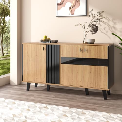 Generisch 140 x 78,5 x 41 cm großes Sideboard, farblich abgestimmtes Design-Sideboard aus Holz und Schwarz mit Stauraum, Schrank mit Glas, vielseitig einsetzbar Generisch 140 x 78,5 x 41 cm großes Sideboard, farblich abgestimmtes Design-Sideboard aus Holz und Schwarz mit Stauraum, Schrank mit Glas, vielseitig einsetzbar von Generisch