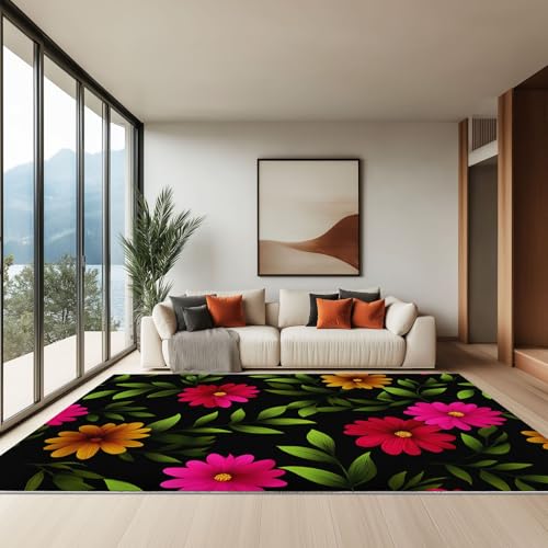 Generisch 160 x 230 cm Teppich Wohnzimmer Waschbarer, Handgezeichnete Blumen Süß Kurzflor-Teppich – Weich Rutschfestes Design für Schlafzimmer Esszimmer Küchen, Schwarz von Generisch