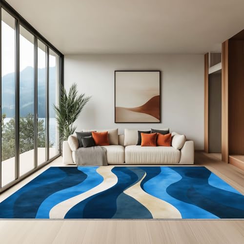 Generisch 160 x 230 cm Teppich Wohnzimmer Waschbarer, Wellenlinien des Abstrakten Designs Kurzflor-Teppich – Weich Rutschfestes Design für Schlafzimmer Esszimmer Küchen, Marineblau von Generisch