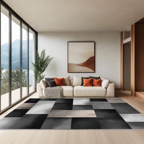 Generisch 180 x 240 cm Teppich Wohnzimmer Waschbarer, Einfaches Rechteckiges Holzblockmuster Kurzflor-Teppich – Weich Rutschfestes Design für Schlafzimmer Esszimmer Küchen, Schwarz von Generisch