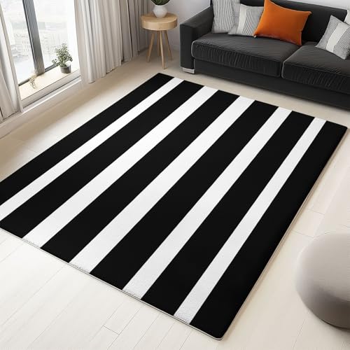 Generisch 180 x 240 cm Teppich Wohnzimmer Waschbarer, Minimalistisch Horizontale Streifen Kurzflor-Teppich – Weich Rutschfestes Design für Schlafzimmer Esszimmer Küchen, Schwarz von Generisch
