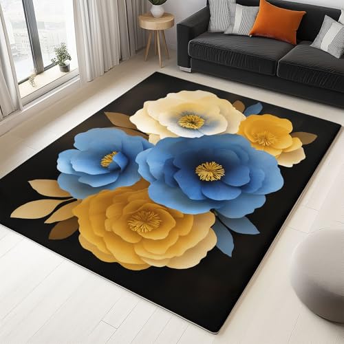 Generisch 180 x 240 cm Teppich Wohnzimmer Waschbarer, Retro Große Blumenmuster Kurzflor-Teppich – Weich Rutschfestes Design für Schlafzimmer Esszimmer Küchen, Schwarz von Generisch