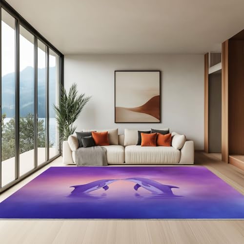 Generisch 180 x 240 cm Teppich Wohnzimmer Waschbarer, Romantik Delphin Kurzflor-Teppich – Weich Rutschfestes Design für Schlafzimmer Esszimmer Küchen, Lila von Generisch