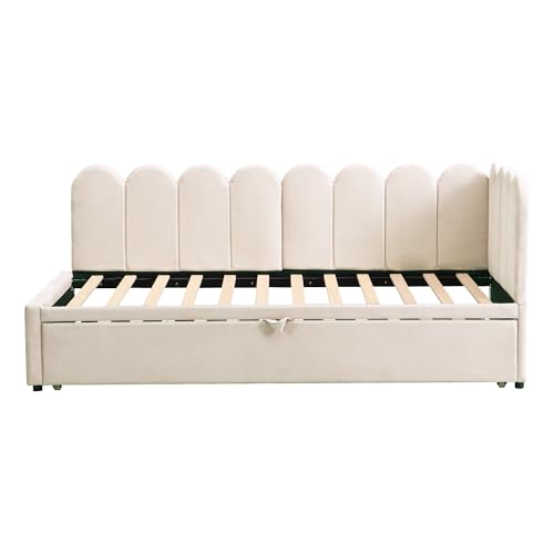 Generisch 2-in-1 Multifunktions-Schlafsofa in L-Form, Samtpolsterbett, platzsparend, Beige (140 * 200cm) von Generisch