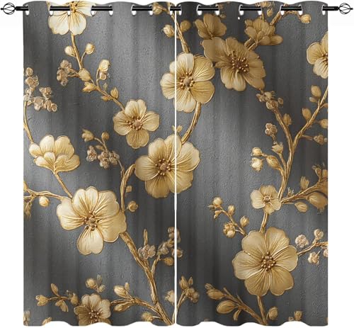 Generisch 2er Pack Verdunkelungsvorhänge H215 x B110 cm Goldenes Blumenrelief Wärmedämmend Blickdichter Vorhange, Grau Polyester Anti-Fade Ösenvorhänge für Kinderzimmer Wohnzimmer Dekoration von Generisch