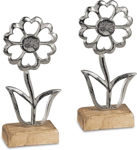 Generisch 2er Set Blume | Aluminium auf Holzsockel | 20x9 cm | Dekofigur Metalldeko Figur | Blumen von Generisch