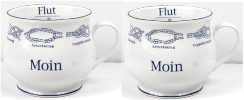 Generisch 2er Set Kugelbecher Knoten MOIN Ebbe Flut 400ml Porzellan Becher maritimer Kaffeebecher von Generisch