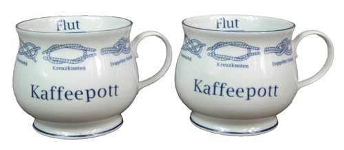 Generisch 2er Set Kugelbecher Seemannsknoten - Kaffeepott - Ebbe Flut 400ml Porzellan Becher maritimer Kaffeebecher mit kl. Fehlern von Generisch