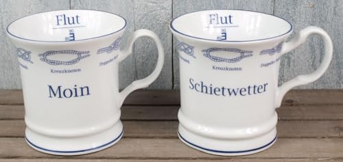 Generisch 2er Set Porzellan Becher Knoten - MOIN - SCHIETWETTER - Ebbe Flut 350ml Seemannsknoten Kapitänsbecher maritimer Kaffeebecher von Generisch