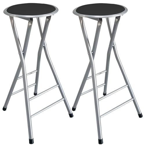 Generisch 2er Set klappbaren Küchenbarhockern ohne Rückenlehne, Schwarzes Rundes UP Sitzkissen, Silberner Metallrahmen, Tragkraft 110 kg(30 inch(70cm)) von Generisch