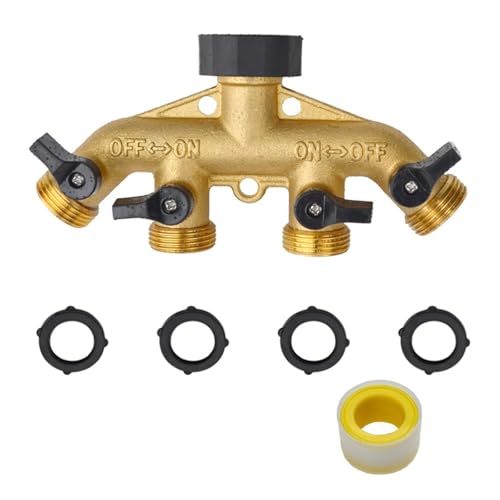 Generisch 3/4" Heavy Duty Messing Gartenschlauch Splitter Schlauchanschluss Zapfenadapter mit 4 Ventilen Schlauch Bib Splitter Outdoor Wasserhahn Splitter(Gold) von Generisch