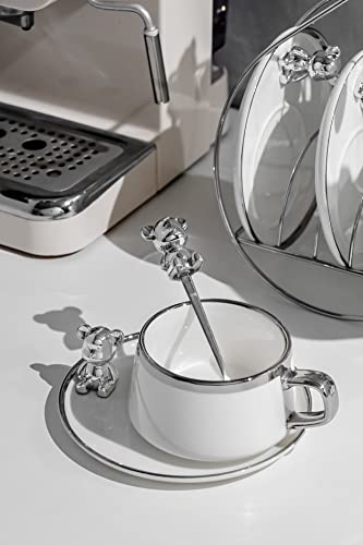 Generisch 3-teiliges Goldbär-Set aus galvanisierter Keramik-Kaffeetasse und Untertasse mit Bärenlöffel (Silber) von Generisch