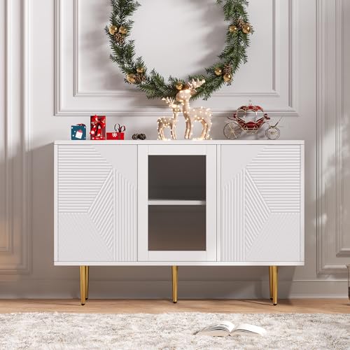 Generisch 3-türige Kommode mit Glasfront & Metallfüßen – Moderner Stauraum für Wohnzimmer, Schlafzimmer oder Büro (Weiß, 120 x 38 x 79,5 cm, stabil & platzsparend) von Generisch