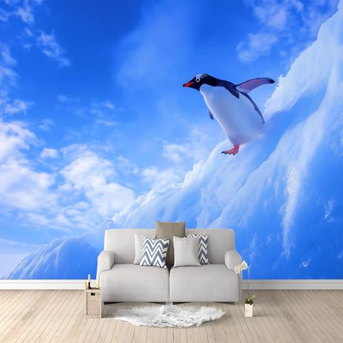 Generisch 3D Panorama Tapete 300 x 210 cm (B x H), Wohnzimmer Schlafzimmer Blau UV-beständige Vliestapete für die Wand - Natur Tier Pinguin Mustertapete von Generisch