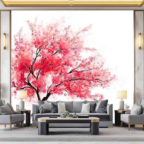Generisch 3D Panorama Tapete 350 x 256 cm (B x H), Wohnzimmer Schlafzimmer Cremefarben UV-beständige Vliestapete für die Wand - Elegant Minimalistisch Blumen Rosa Kirschblüten Mustertapete von Generisch