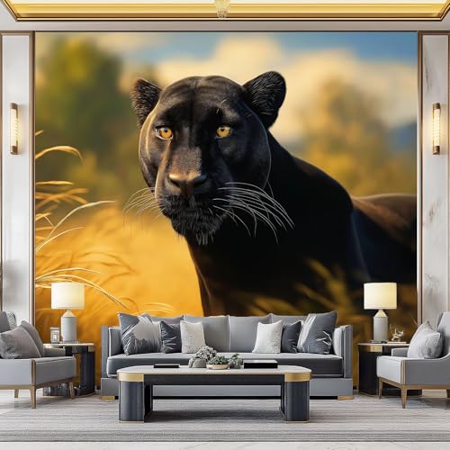 Generisch 3D Panorama Tapete 350 x 256 cm (B x H), Wohnzimmer Schlafzimmer Gelb UV-beständige Vliestapete für die Wand - Surrealismus Tiere Schwarzer Panther Natur Mustertapete von Generisch