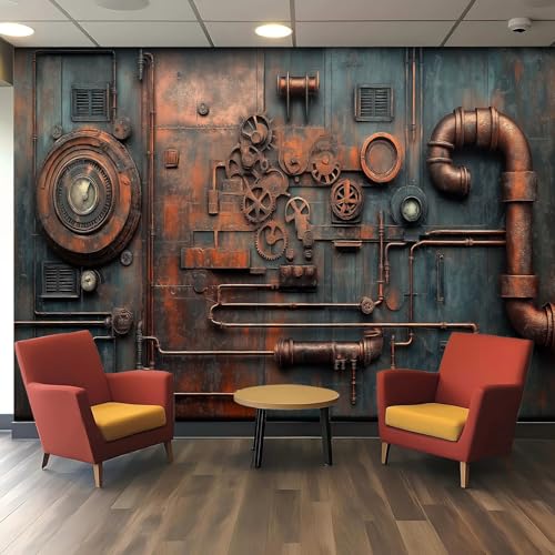 Generisch 3D Tapete Steampunk Zahnräder Industrie-Stil - Ineinandergreifende Zahnrad-Anordnungen mit Rohren & Manometer Textur, Polyester Tapete für Wohnzimmer Schlafzimmer von Generisch
