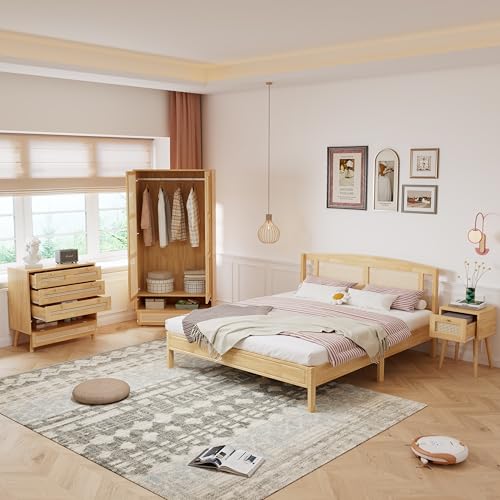 Generisch 4-TLG. Schlafzimmer-Set Modern Rattan Design in Natur – Doppelbett 160x200cm mit Nachttisch, Kommode & Kleiderschrank aus Kiefer & PE-Rattan für stilvolle Einrichtung von Generisch