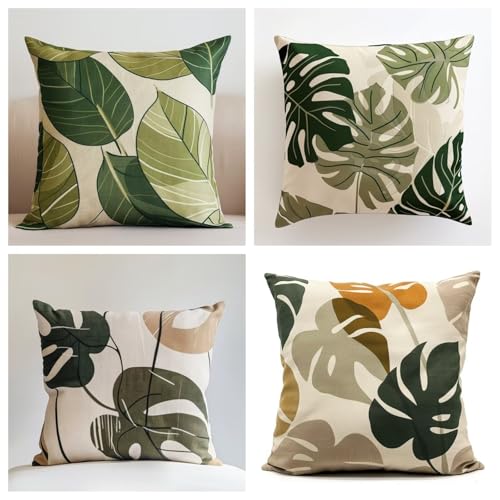 Generisch 4er Set Dekorative Kissenbezug Monstera-Bananenblatt 45x45 cm/17.7x17.7 Zoll Leinen Kissenhüllen mit Reißverschluss Für Wohnzimmer Schlafzimmer Kissen Deko Sofakissen Couchkissen Y6929 von Generisch