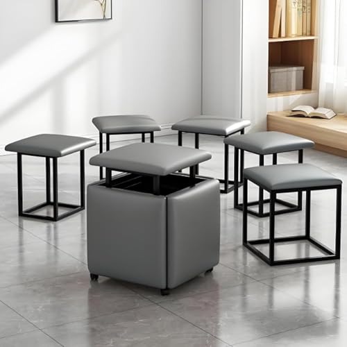 Generisch 5 in 1 Nesting Ottoman Sitzwürfel Hocker, Leder Fußhocker mit Schwenkrollen Multifunktionsmöbel für Schlafzimmer Wohnen Esszimmer (Grau) von Generisch