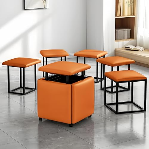 Generisch 5 in 1 Nesting Ottoman Sitzwürfel Hocker, Leder Fußhocker mit Schwenkrollen Multifunktionsmöbel für Schlafzimmer Wohnen Esszimmer (Orange) von Generisch