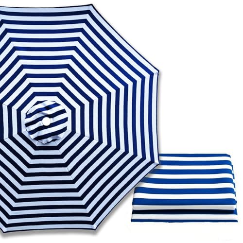 Generisch 6/8-Rippen Sonnenschirm Ersatzbezug für Terrassenschirme 2.0 m 2.5 m 3.0 m, Ersatzdach Regenschirm Baldachin für Garten, Markt, Strand, leichtc(Blau und Weiß,8 Streben 300cm) von Generisch