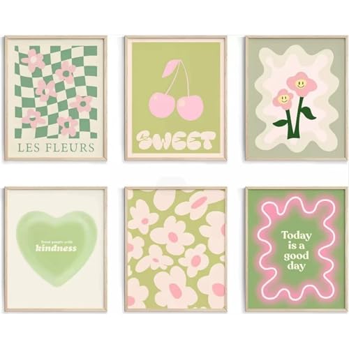 Generisch 6 Stück Blumen Bilder Poster Set Blumenmarkt Wandkunstdrucke Blumenstrauß Kirsche Herz Grün Poster Pictures Aesthetic Room Decor ohne Rahmen (30×40cm) von Generisch