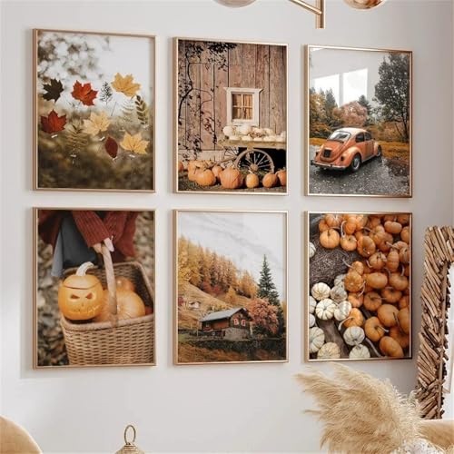 Generisch 6er Herbst Bilder Set Natur Poster Set,Herbstlandschaft, Wandkunst, Aquarell, Kürbis, Wanddekoration für Wohnzimmer, Vintage, Herbstwald,Oldtimer,Braun, Orange,ohne Rahmen von Generisch