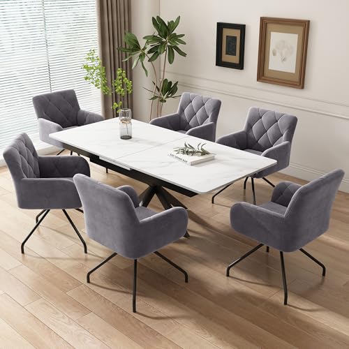 Generisch 6er Set Moderne Esszimmerstühle mit Rautenmuster & Samtbezug – Graue Polsterstühle mit Metallbeinen, Lendenwirbelstütze für Wohnzimmer, Schlafzimmer oder Lounge von Generisch
