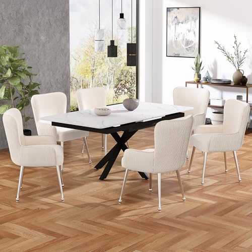 Generisch 6er-Set Samt-Esszimmerstühle mit Armlehnen & verstellbaren Metallfüßen – Luxuriöse Lounge-Stühle mit Lendenwirbelstütze, 10 cm Polsterung, 120 kg Tragkraft, beige (Montage in 5 Min) von Generisch