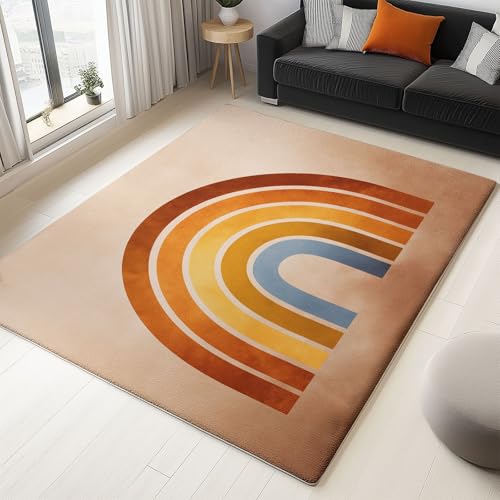 Generisch 80 x 150 cm Teppich Wohnzimmer Waschbarer, Boho Regenbogen Design Kurzflor-Teppich – Weich Rutschfestes Design für Schlafzimmer Esszimmer Küchen, Creme von Generisch
