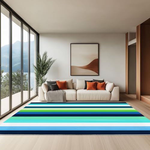 Generisch 80 x 150 cm Teppich Wohnzimmer Waschbarer, Minimalismus Horizontale Streifen Kurzflor-Teppich – Weich Rutschfestes Design für Schlafzimmer Esszimmer Küchen, Blaugrün von Generisch