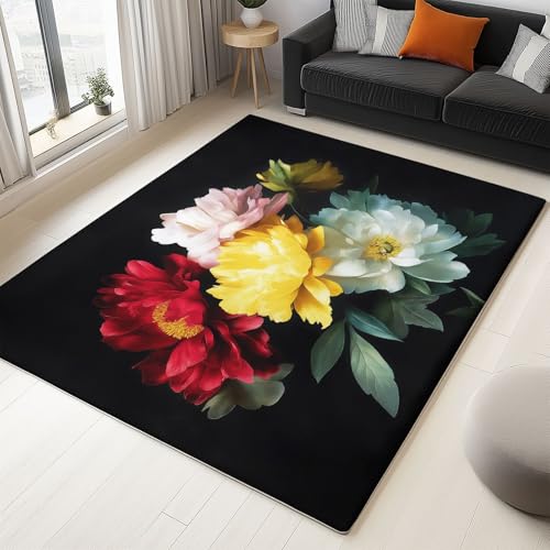 Generisch 80 x 150 cm Teppich Wohnzimmer Waschbarer, Natürliche Elemente Pfingstrose Kurzflor-Teppich – Weich Rutschfestes Design für Schlafzimmer Esszimmer Küchen, Schwarz von Generisch