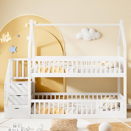 Generisch 90x200 Jugend-Etagenbett Massivholzbett mit Dach, Sicherheitstreppe und Stauraumschubladen, Stauraum Jugendbett Einzelbett weiß Generisch 90x200 Jugend-Etagenbett Massivholzbett mit Dach, Sicherheitstreppe und Stauraumschubladen, Stauraum Jugendbett Einzelbett weiß von Generisch