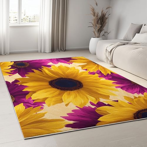 Generisch Abstraktes Design Teppich Wohnzimmer 120 x 170 cm Kurzflor Waschbarer Teppiche Schlafzimmer, Weich Blumenfotografie Sonnenblumen rutschfest Teppich für Badezimmer Flur Esszimmer Büro von Generisch