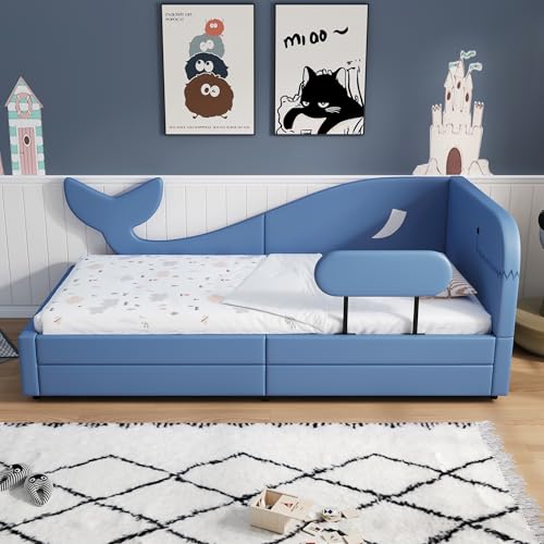 Generisch Anreihbett, Polsterbett, Wal-Design, Schlafsofa mit Metallbettrahmen, 2 Schubladen auf Rollen, PU+MDF+Sperrholz, Blau, 90x200cm Generisch Anreihbett, Polsterbett, Wal-Design, Schlafsofa mit Metallbettrahmen, 2 Schubladen auf Rollen, PU+MDF+Sperrholz, Blau, 90x200cm von Generisch