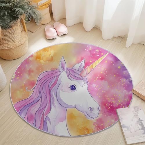 Generisch Aquarell Einhorn Runder Teppich Wohnzimmer, Hellrosa Style Schlafzimmer Dekoration Teppich Teenager Männer Gaming Zone Rugs Mat rutschfest Washable, 60 cm von Generisch