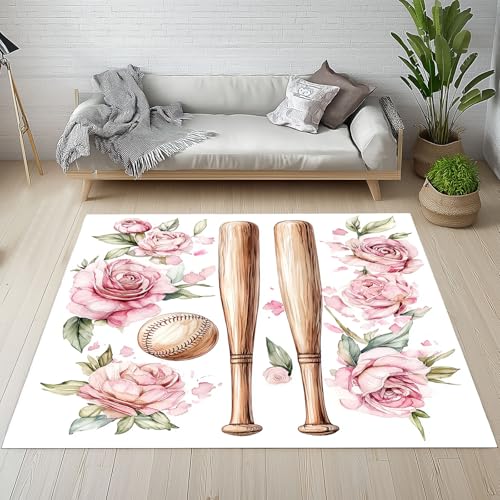 Generisch Aquarell Rose Blume Teppich Kurzflor 100x150 cm, Baseball Sport Thema Bettvorleger Weich rutschfest Waschbar, Teppiche für Wohnzimmer, Schlafzimmer, Esszimmer, Kinderzimmer Generisch Aquarell Rose Blume Teppich Kurzflor 100x150 cm, Baseball Sport Thema Bettvorleger Weich rutschfest Waschbar, Teppiche für Wohnzimmer, Schlafzimmer, Esszimmer, Kinderzimmer von Generisch