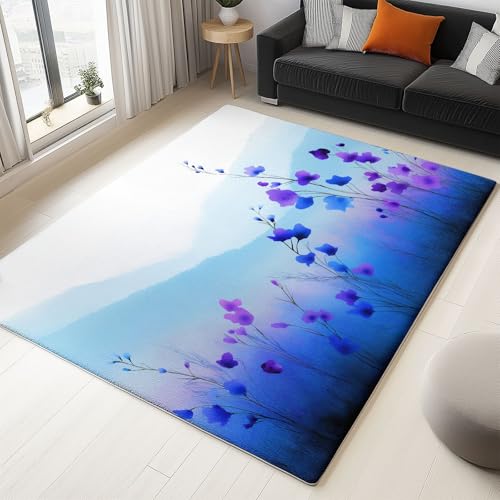 Generisch Aquarell Wildblumen Teppich Wohnzimmer Hellblau Schlafzimmer Flanell Weiche Teppich, 120 x 180 cm Kinderzimmer Teppiche, für Küche Korridor Esszimmer Bodenmatte von Generisch