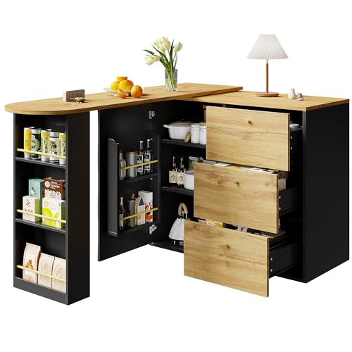 Generisch Ausziehbarer Bartisch mit Stauraum(138-204×39×104cm), 360° drehbare Essbar,Moderner Beweglicher Bar Table,Hochtisch Kücheninsel Bistro Table, Sideboard mit Holzmaserung (Black 3) von Generisch